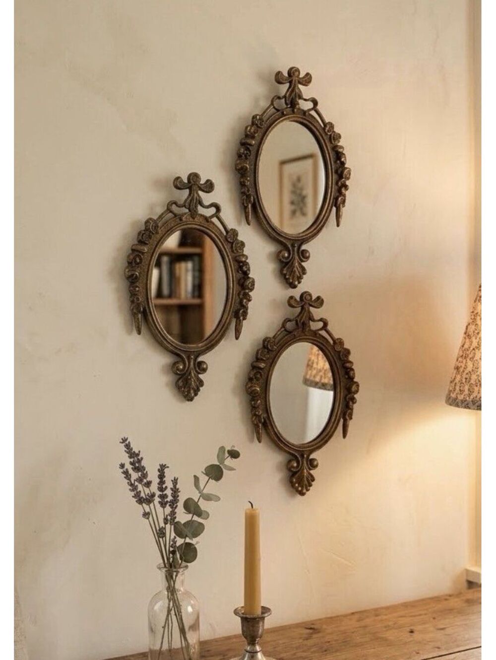 Set 3 Small Vintage Oval Ornate Florentine Wall Mirrors Made in Italy Brass